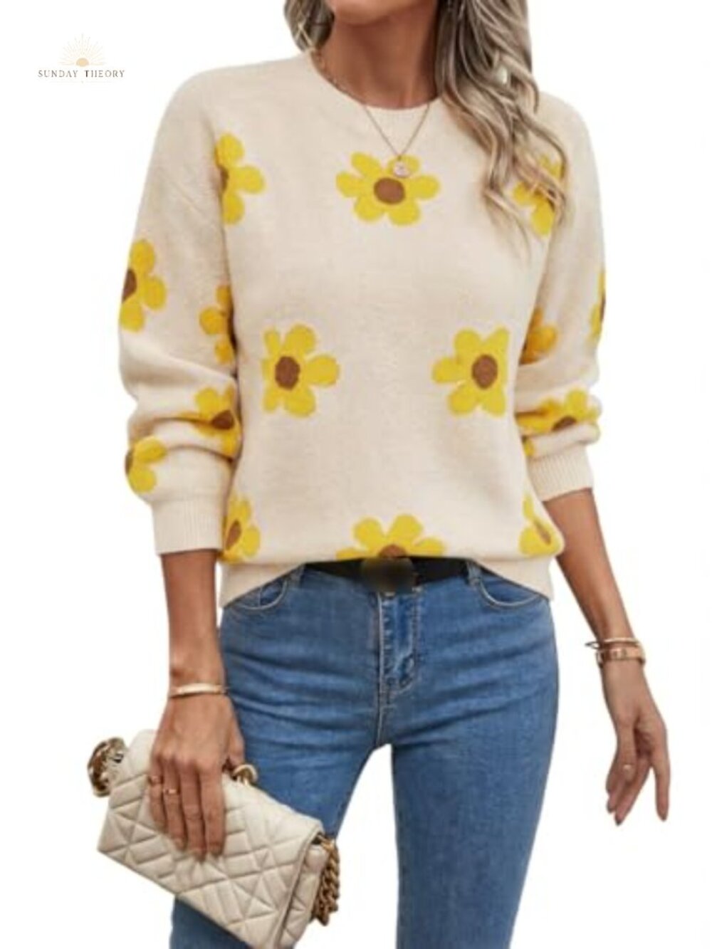 Womens Daisy Sweater Long Sleeve Crew Neck Pullover Loose Fit Floral Knit
